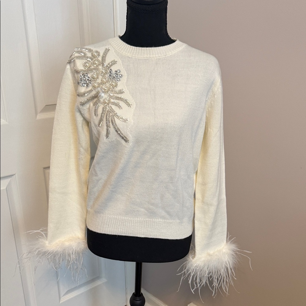 Embellished Cream Sweater with Feather Details